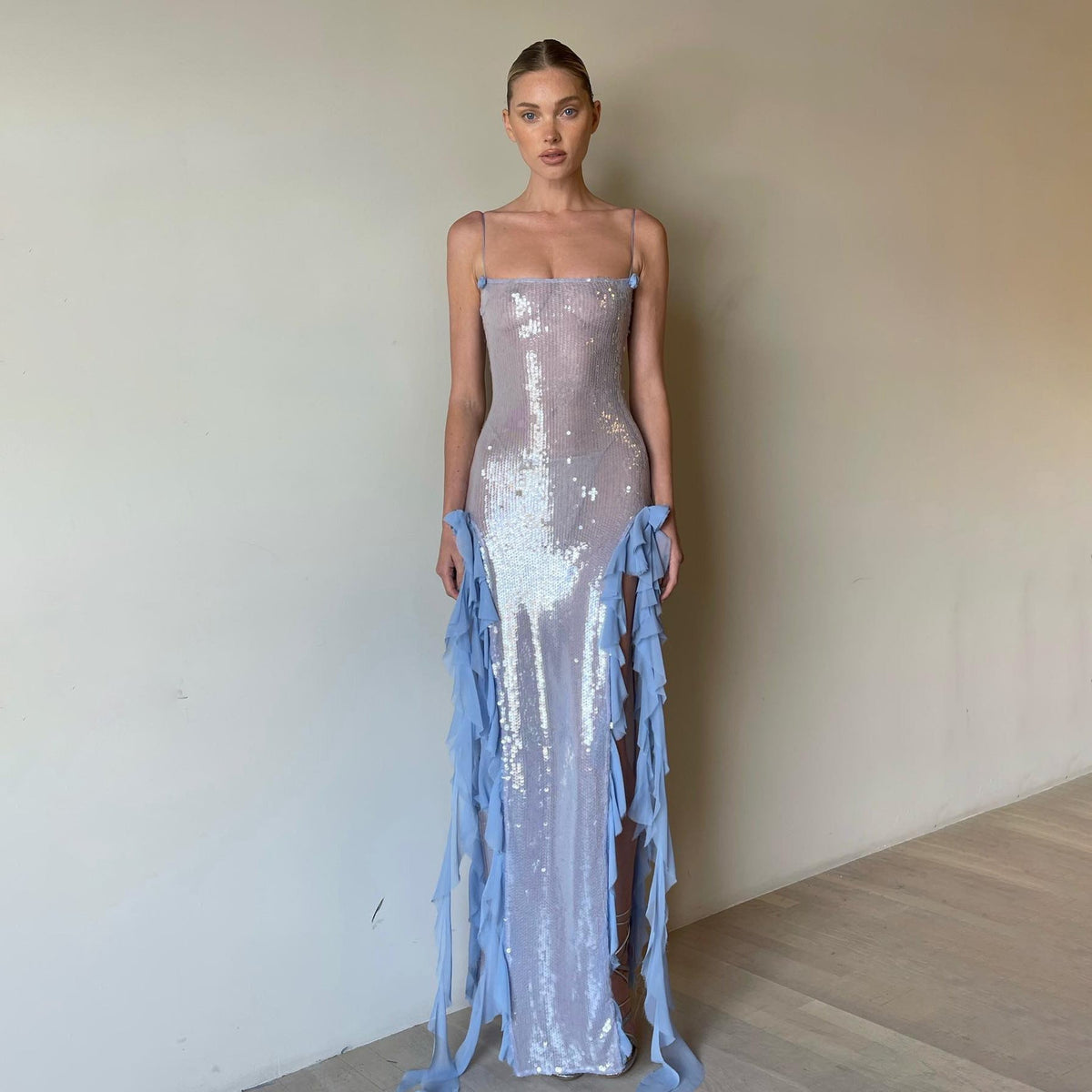 Sequin Spaghetti Strap Square Neck Ruffle Trim Slip Maxi Evening Gown