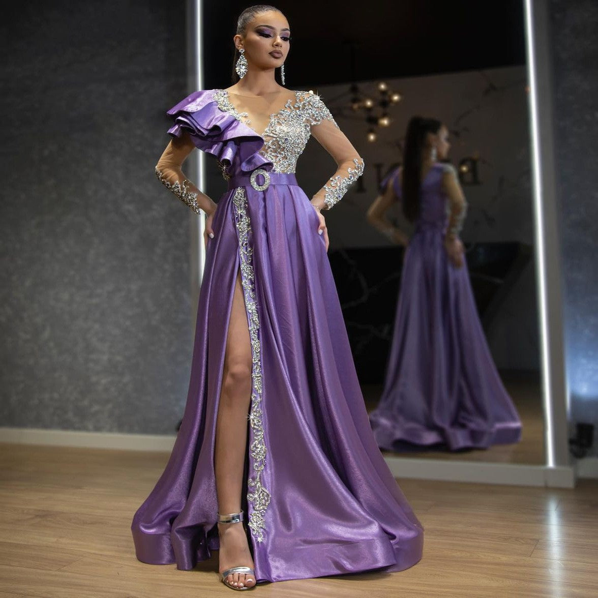 One Shoulder Ruffle Mesh Floral Embroidery Belted High Split Maxi Gown