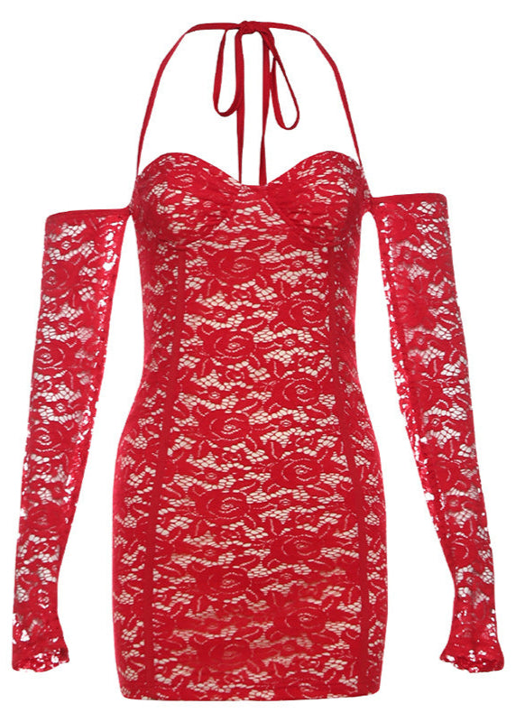 Lace Halter Neck Long Sleeve Bustier Bodycon Mini Dress - View 9