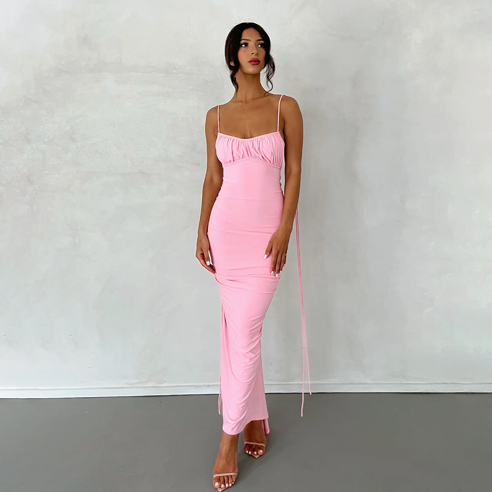 Backless Tie Shoulder Spaghetti Strap Ruched Bodycon Maxi Dress - View 5