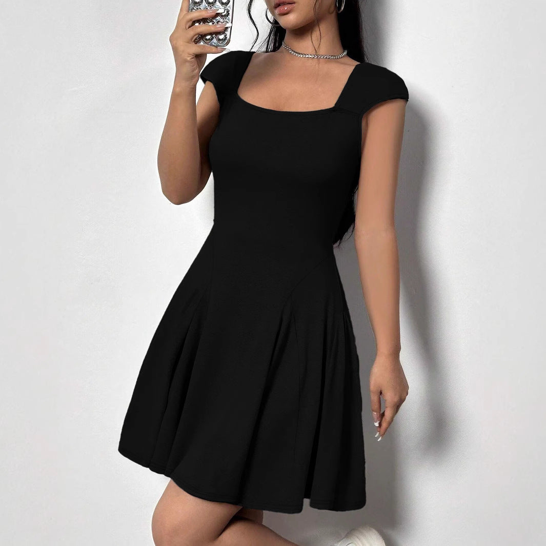 Square Neck Cap Sleeve Knife Pleat Fit and Flare A-Line Mini Dress