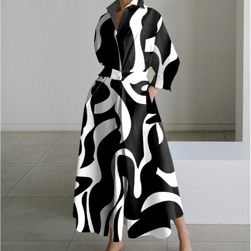 Newspaper Print Collared Long Sleeve Belted Pleated Maxi Shirt Dress 11