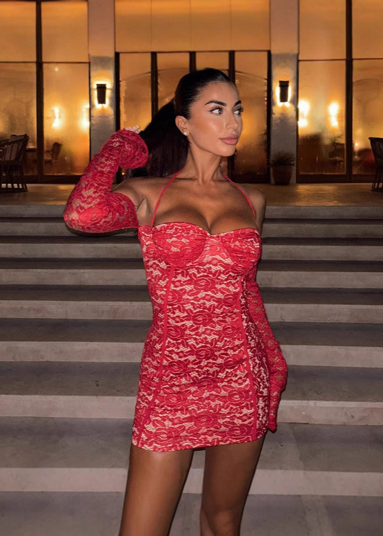 Lace Halter Neck Long Sleeve Bustier Bodycon Mini Dress - View 4