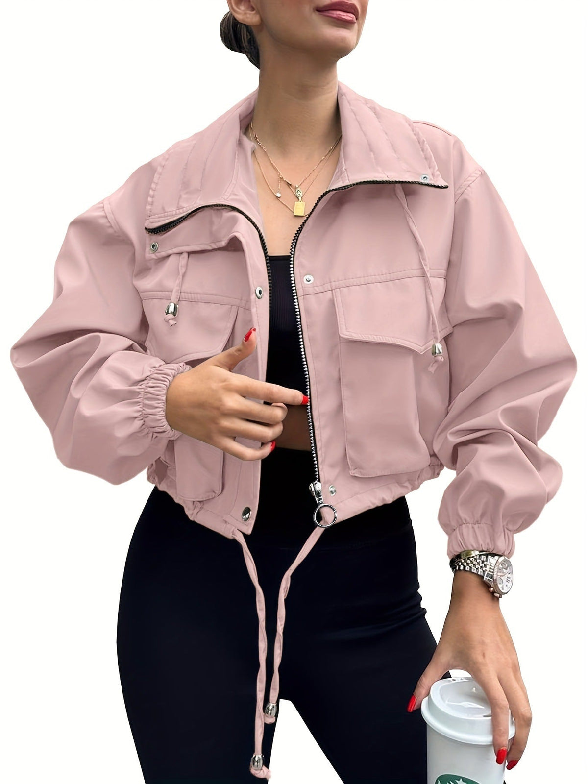 Zip Front Drawstring Hem Cargo Pocket Cropped Jacket 2