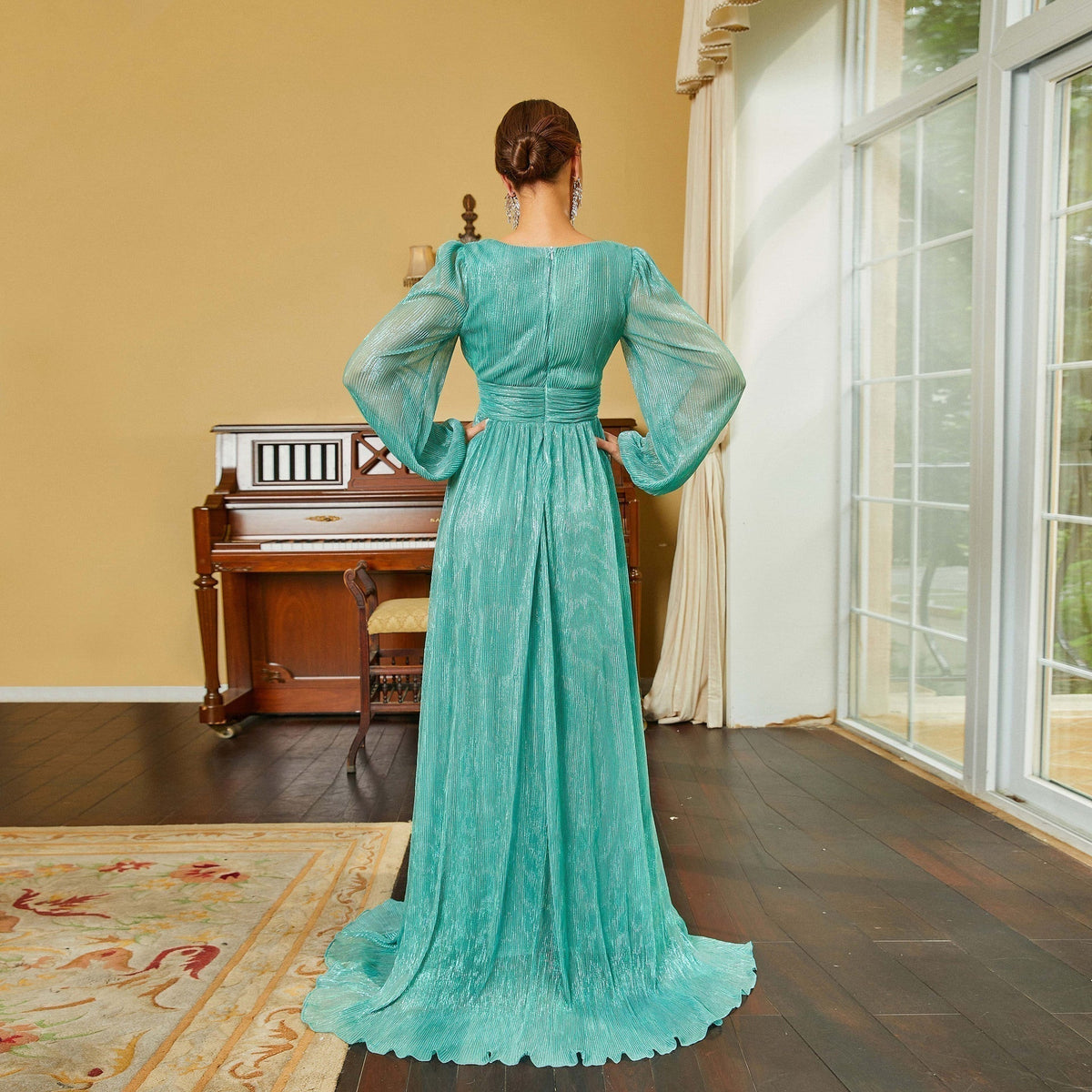 V-Neck Bishop Sleeve Pleated Ruched A-Line Maxi Dress