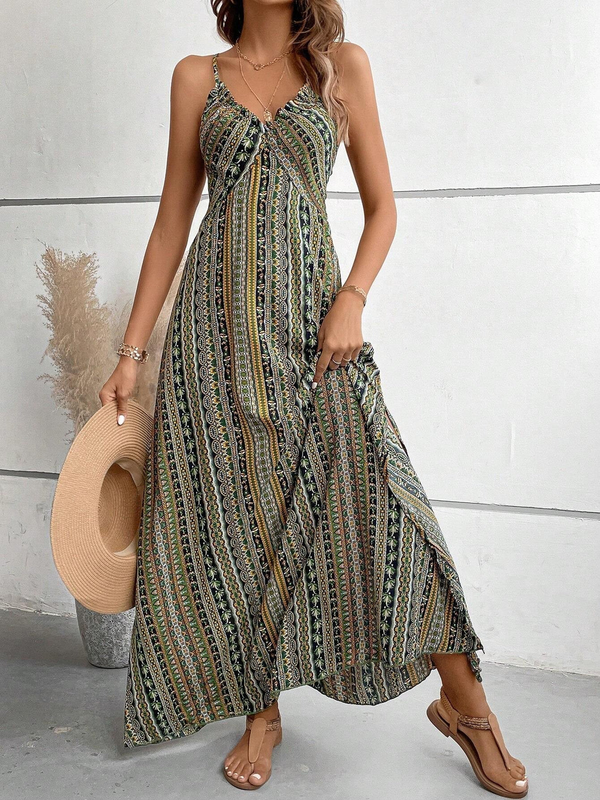 Aztec Print V-Neck Spaghetti Strap Boho Maxi Dress