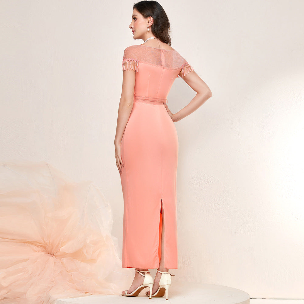 Mesh Yoke Fringe Trim Sash Tie Waist Column Maxi Gown - View 2