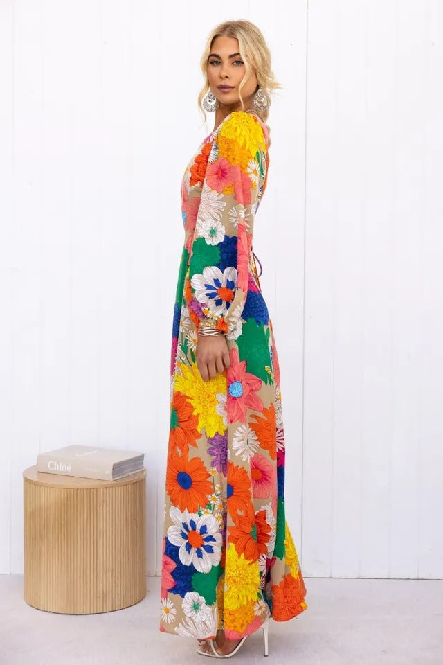 Floral Print Puff Sleeve Cut Out Waist Summer Maxi Dress - View 2