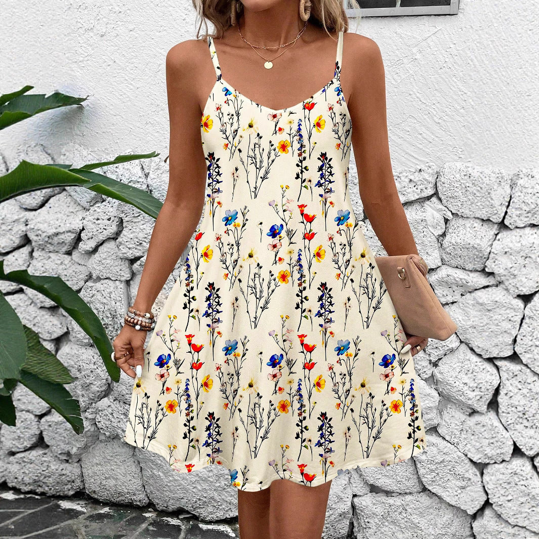 Floral Print Spaghetti Strap V-Neck A-Line Mini Dress