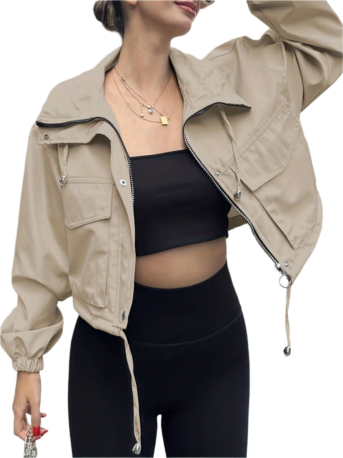 Zip Front Drawstring Hem Cargo Pocket Cropped Jacket 3