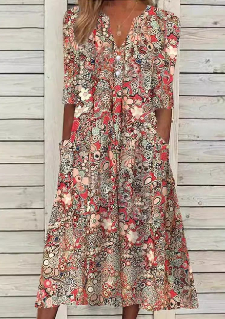 Bohemian Floral Print Deep V-Neck Button Placket Pocket Dress