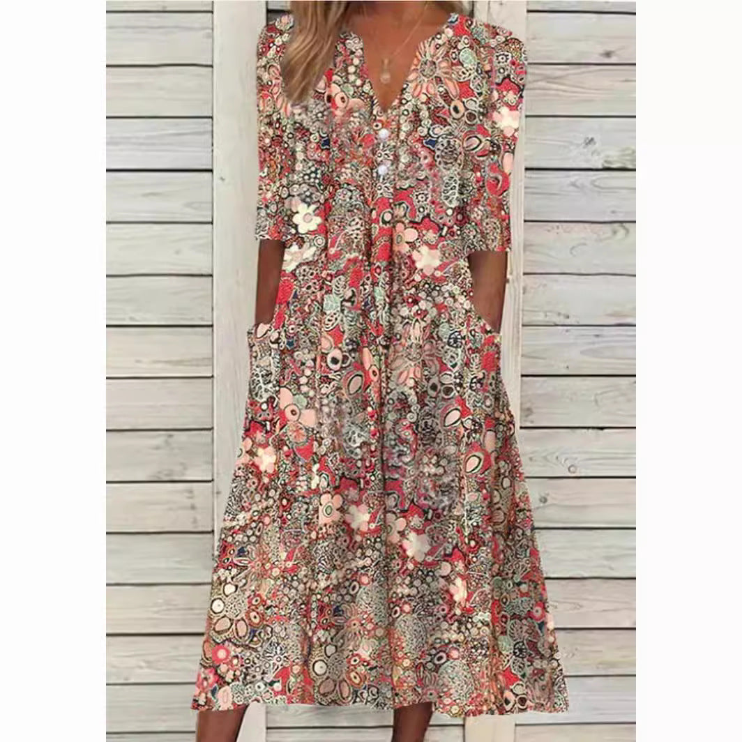 Floral Print V-Neck Button Half Sleeve Patch Pocket A-Line Midi Dress