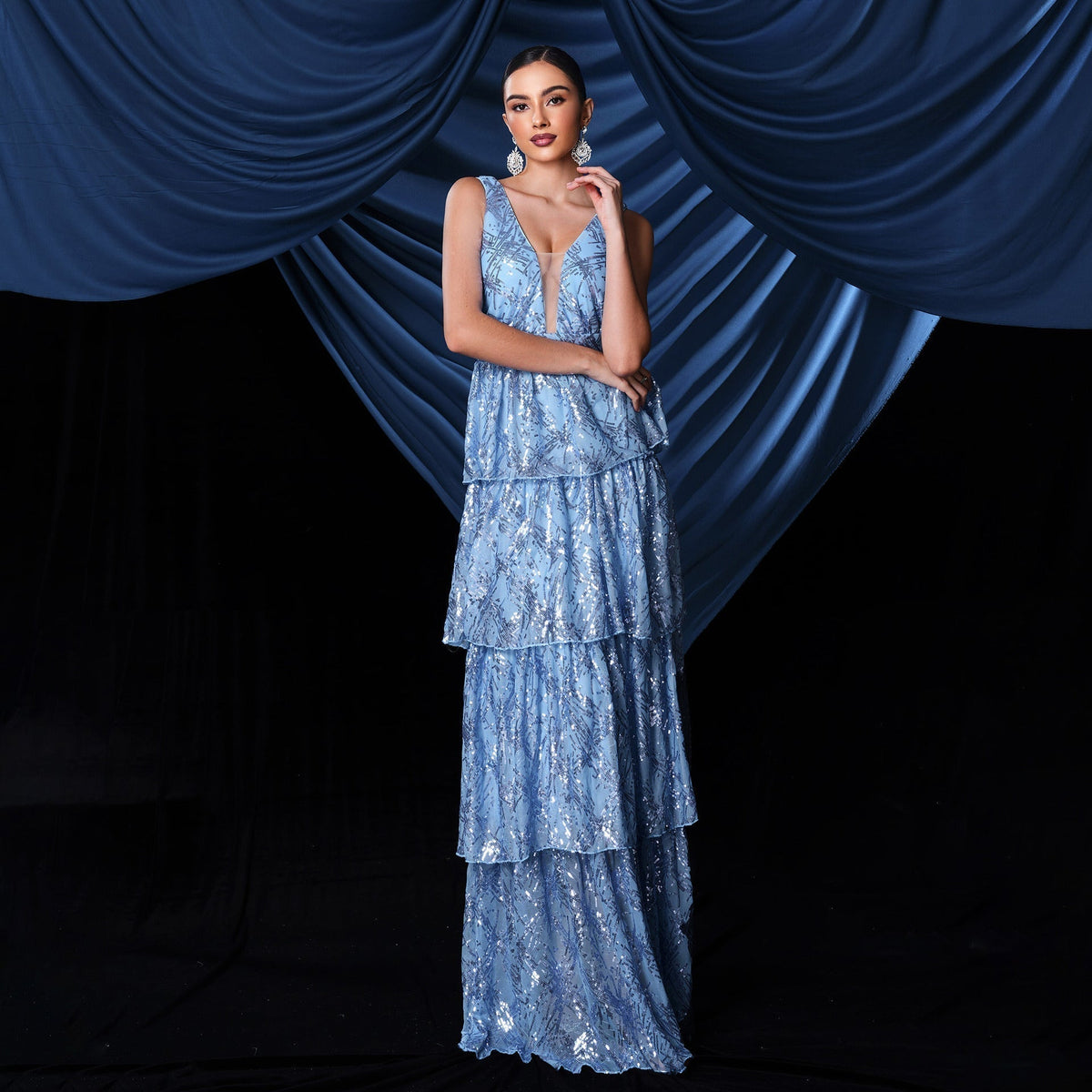Sequin Deep V-Neck Sleeveless Tiered Ruffle A-Line Maxi Dress - View 3