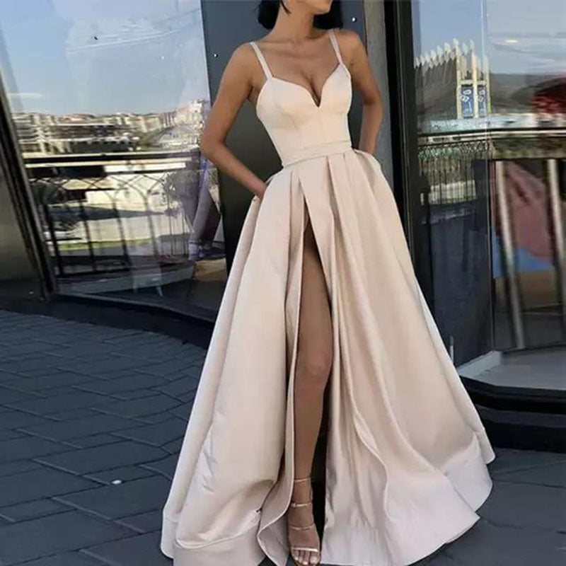 Satin Plunging V-Neck Spaghetti Strap Pleated Pocket Maxi Gown - View 9