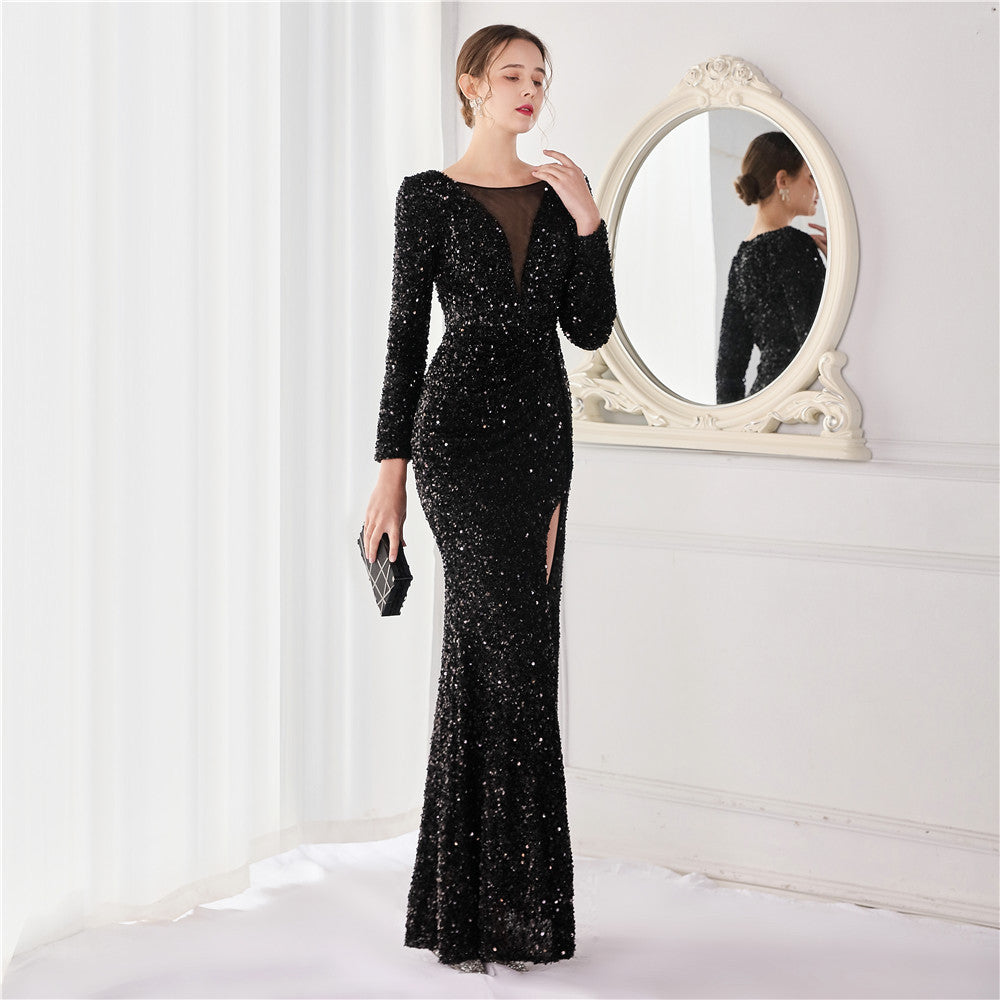 Sequin Long Sleeve V-Neck Ruched High Split Mermaid Gown - View 10