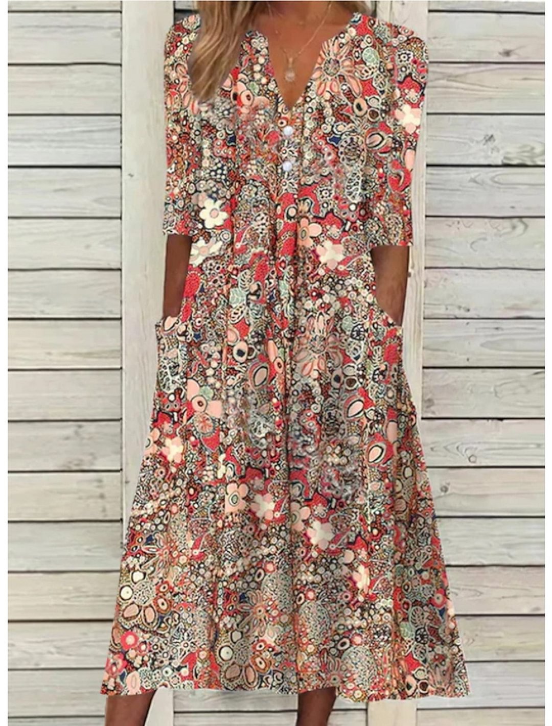 Floral Print V-Neck Button Half Sleeve Patch Pocket A-Line Midi Dress - View 6