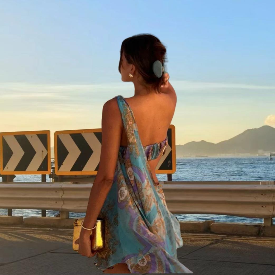 One Shoulder Twist Front Cut Out Flowy Mini Dress - View 9