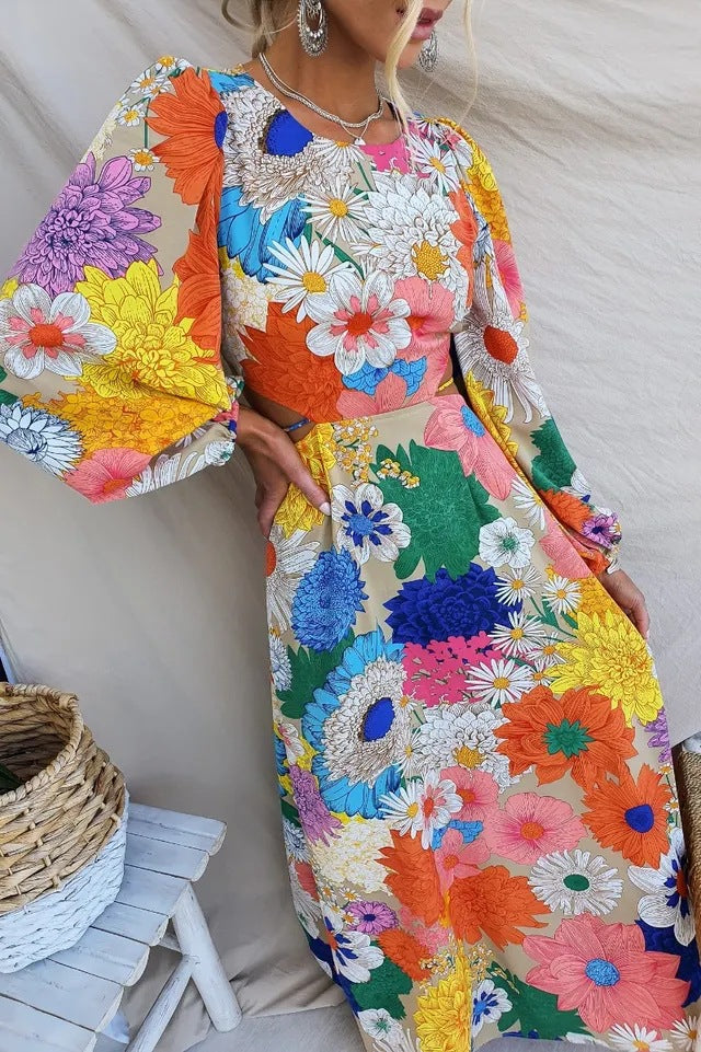 Floral Print Puff Sleeve Cut Out Waist Summer Maxi Dress - View 7