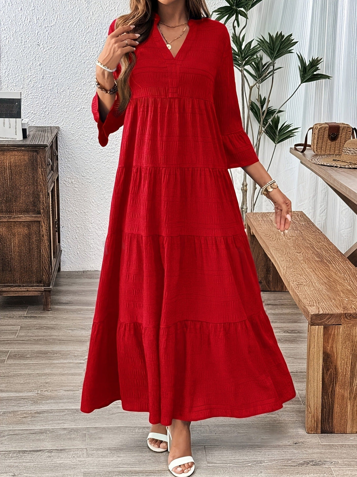 Notch V-Neck Tiered Flowy Maxi Dress