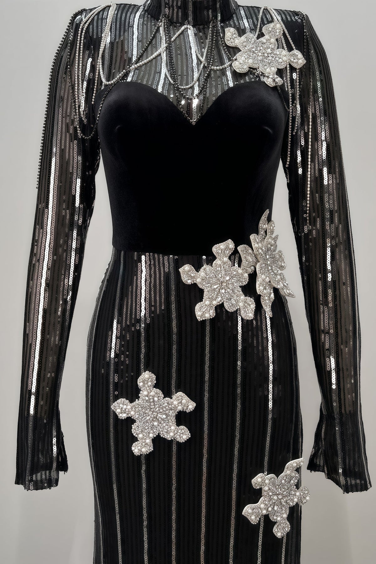 Sequin High Neck Long Sleeve 3D Flower High Split Maxi Gown - View 5