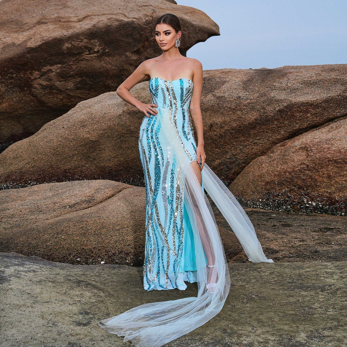 Sequin Strapless Sweetheart High Split Mermaid Evening Gown in Blue - View 4