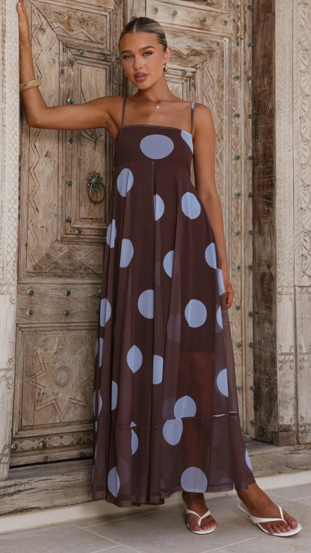Mesh Spaghetti Strap Square Neck Flowy Tiered Maxi Dress - View 5