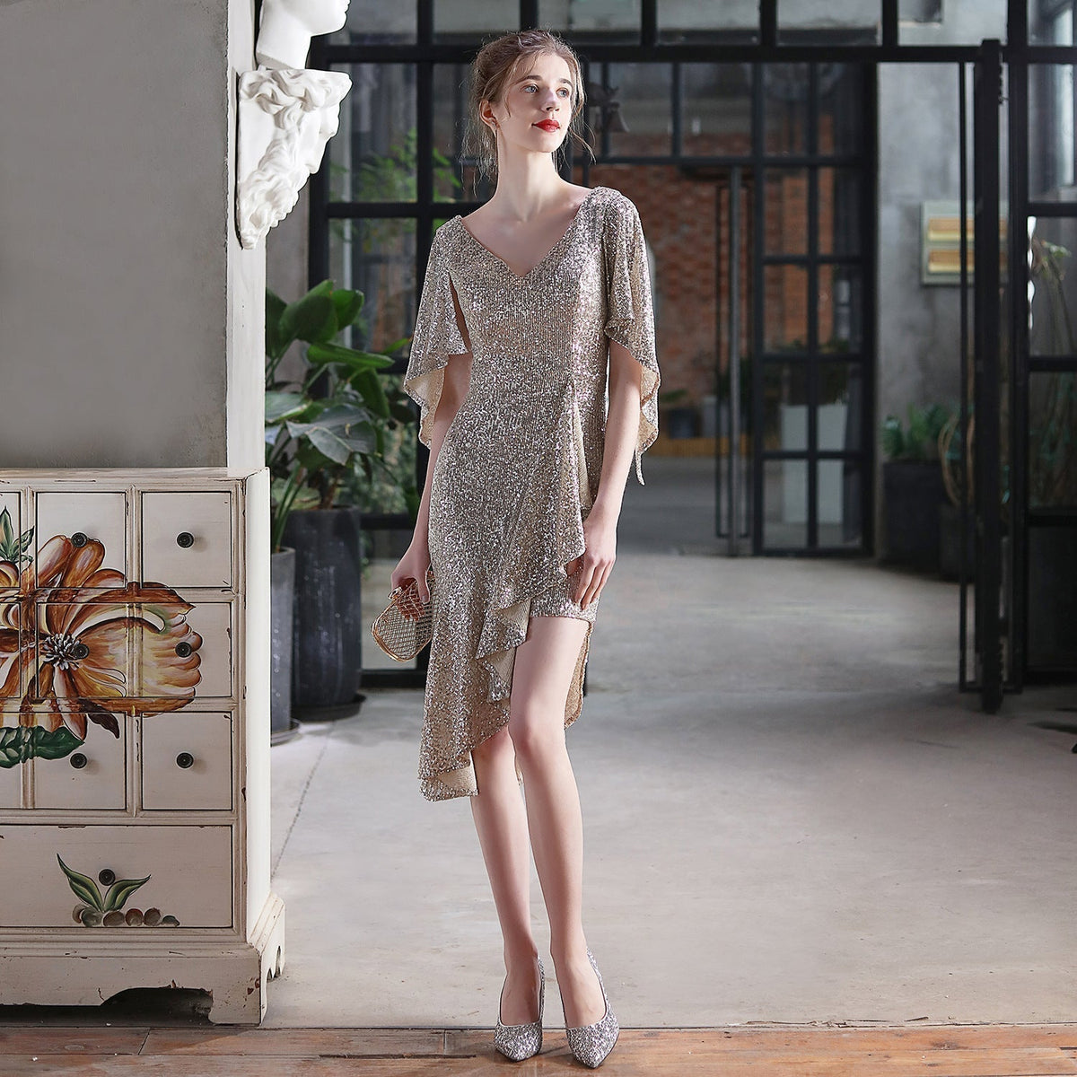 Sequin V-Neck Flutter Sleeve High Low Asymmetric Cocktail Dress - View 7