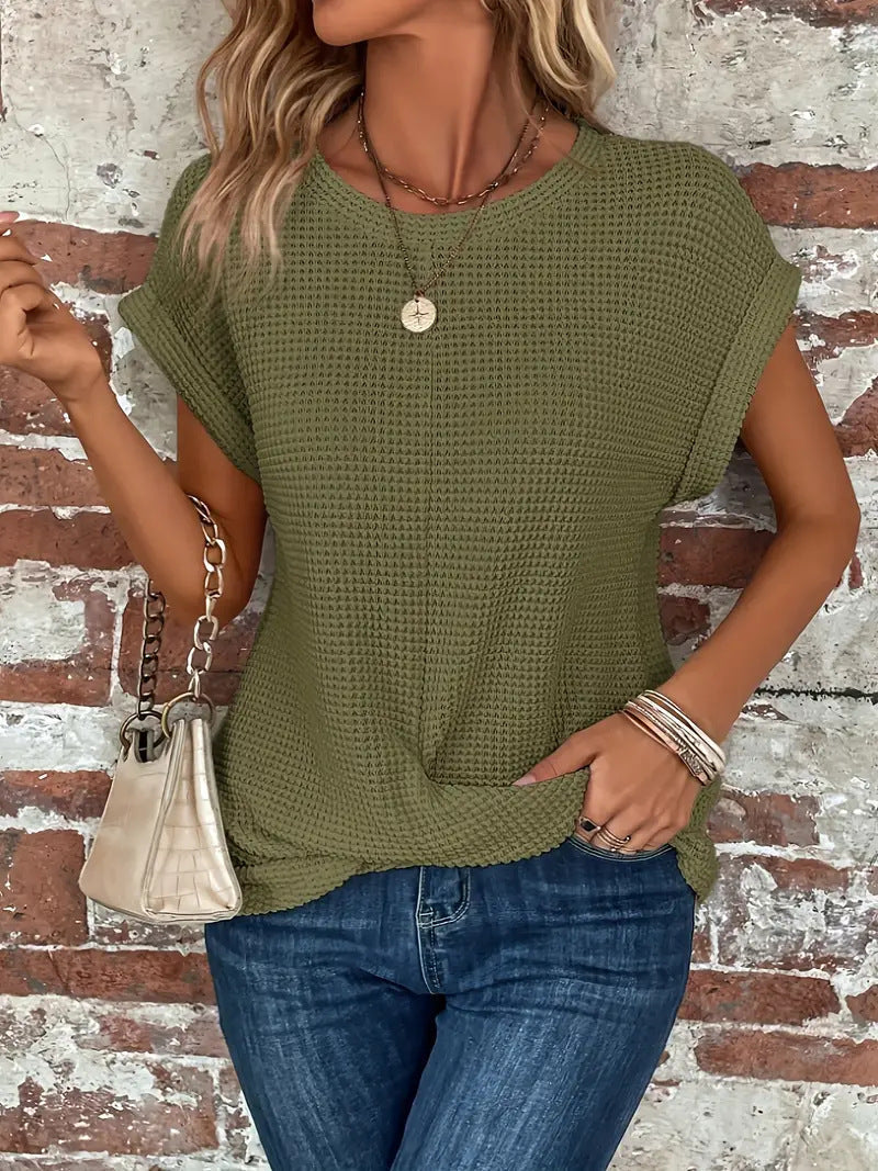 Waffle Knit Round Neck Short Sleeve Twist Front Top 3