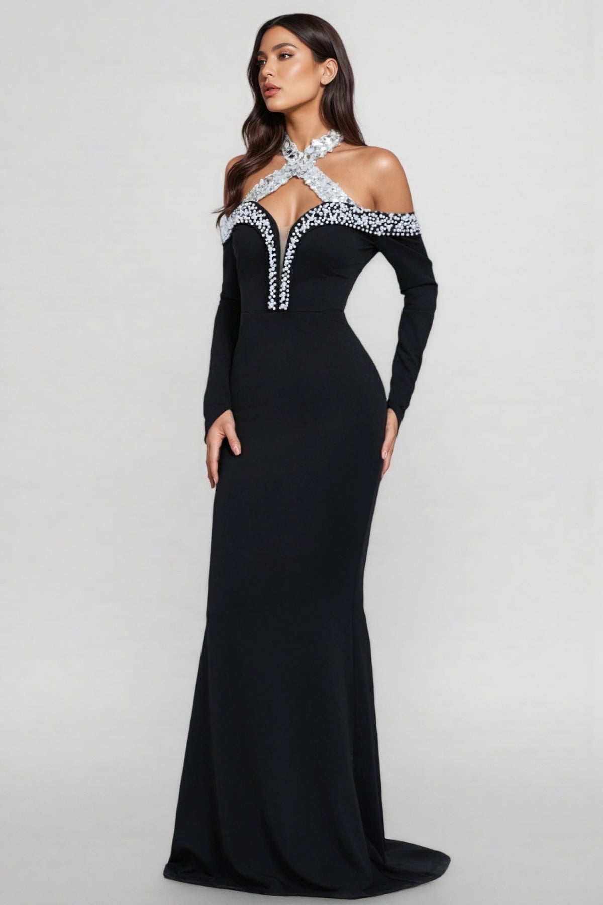 Rhinestone Halter Neck Off Shoulder Mesh Inset Mermaid Gown - View 6