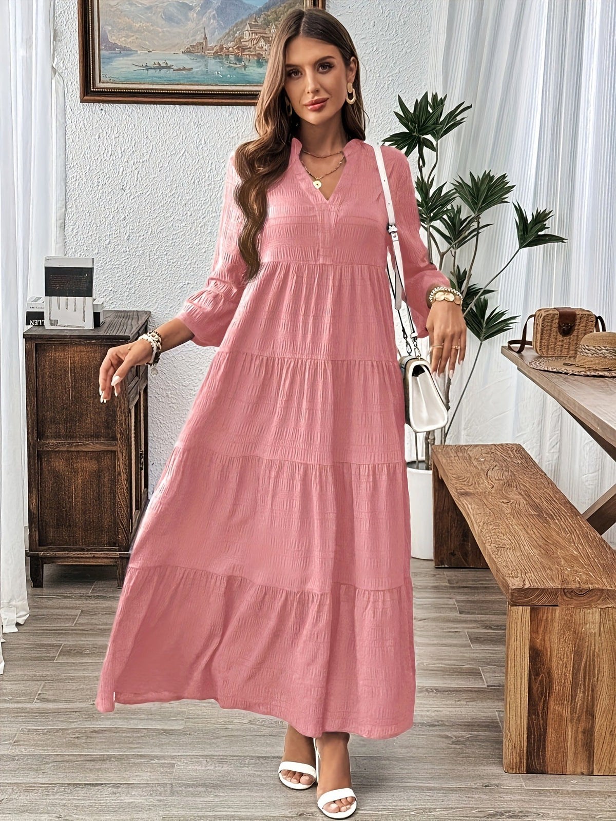 Notch V-Neck Tiered Flowy Maxi Dress 2