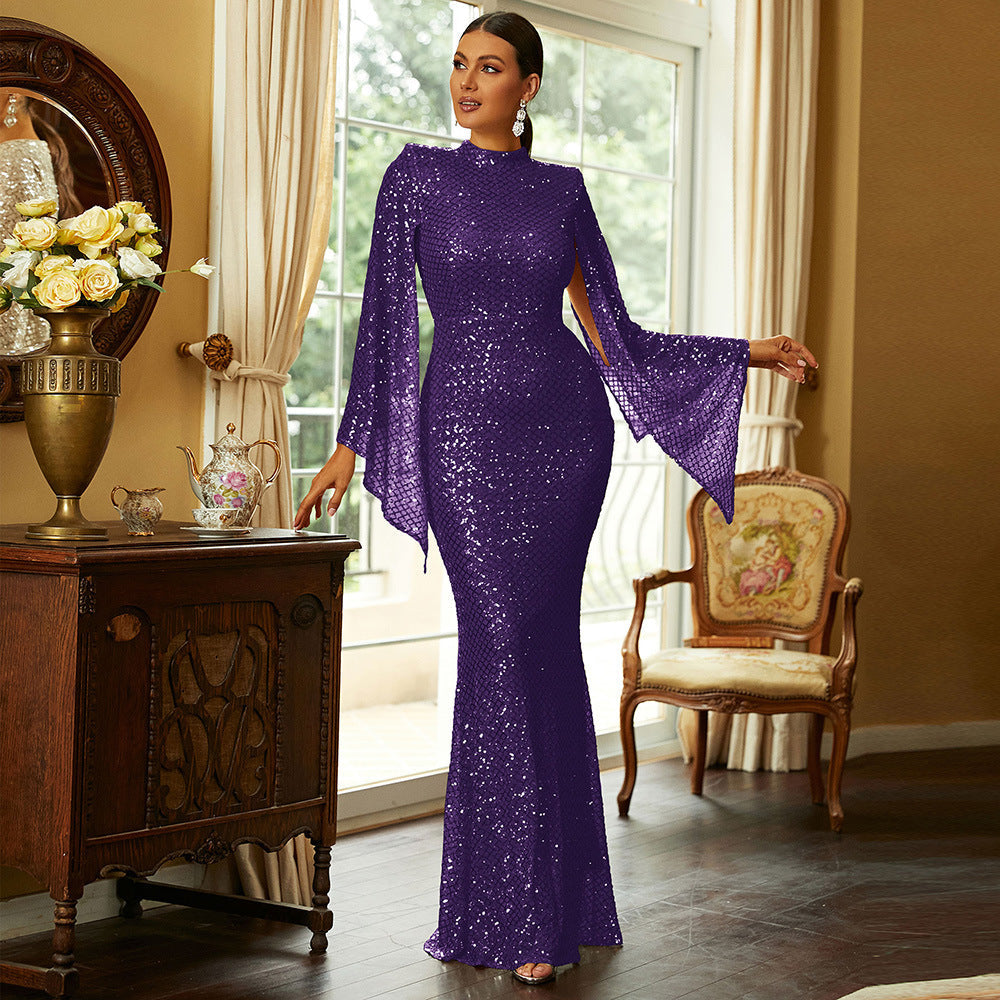 Sequin High Neck Cape Sleeve Mermaid Gown - View 7