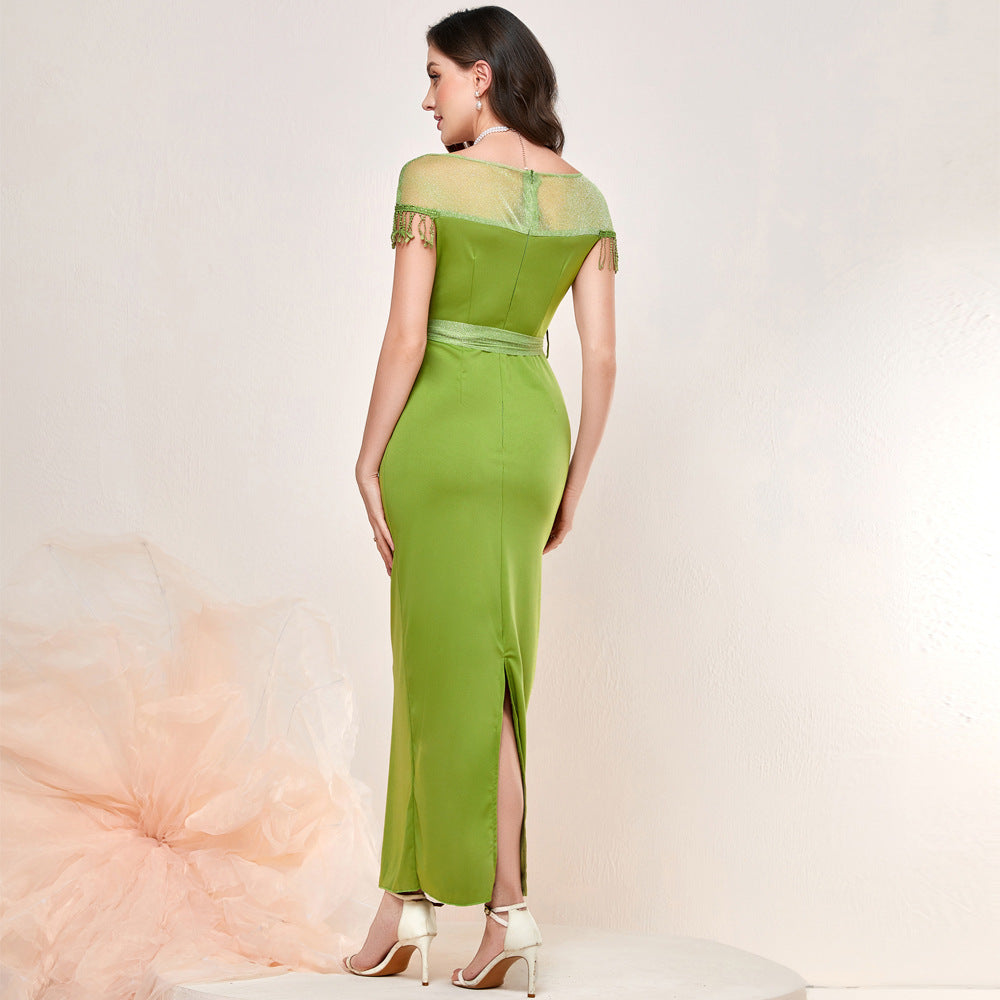 Mesh Yoke Fringe Trim Sash Tie Waist Column Maxi Gown - View 4