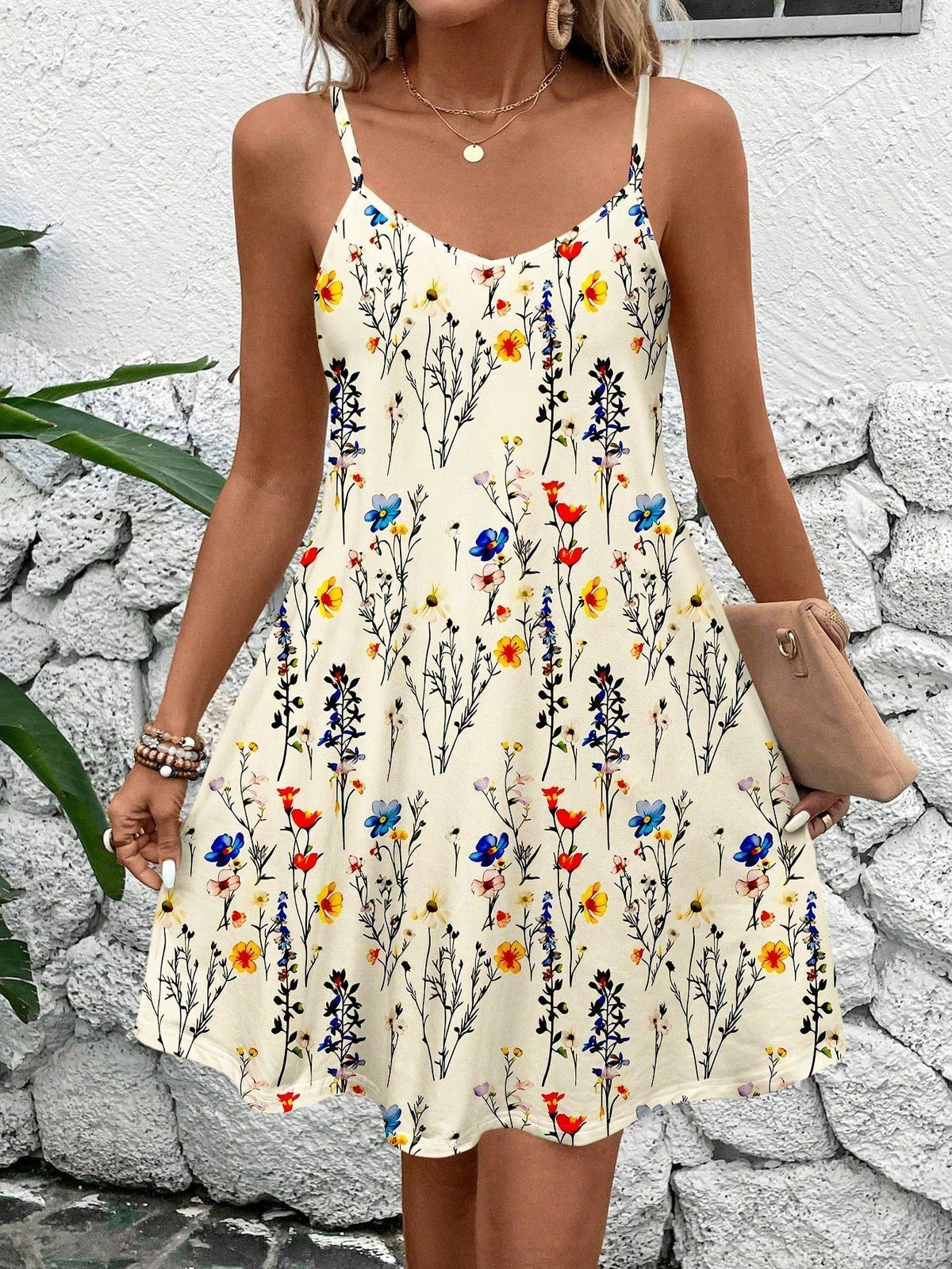 Floral Print Spaghetti Strap V-Neck A-Line Mini Dress - View 6