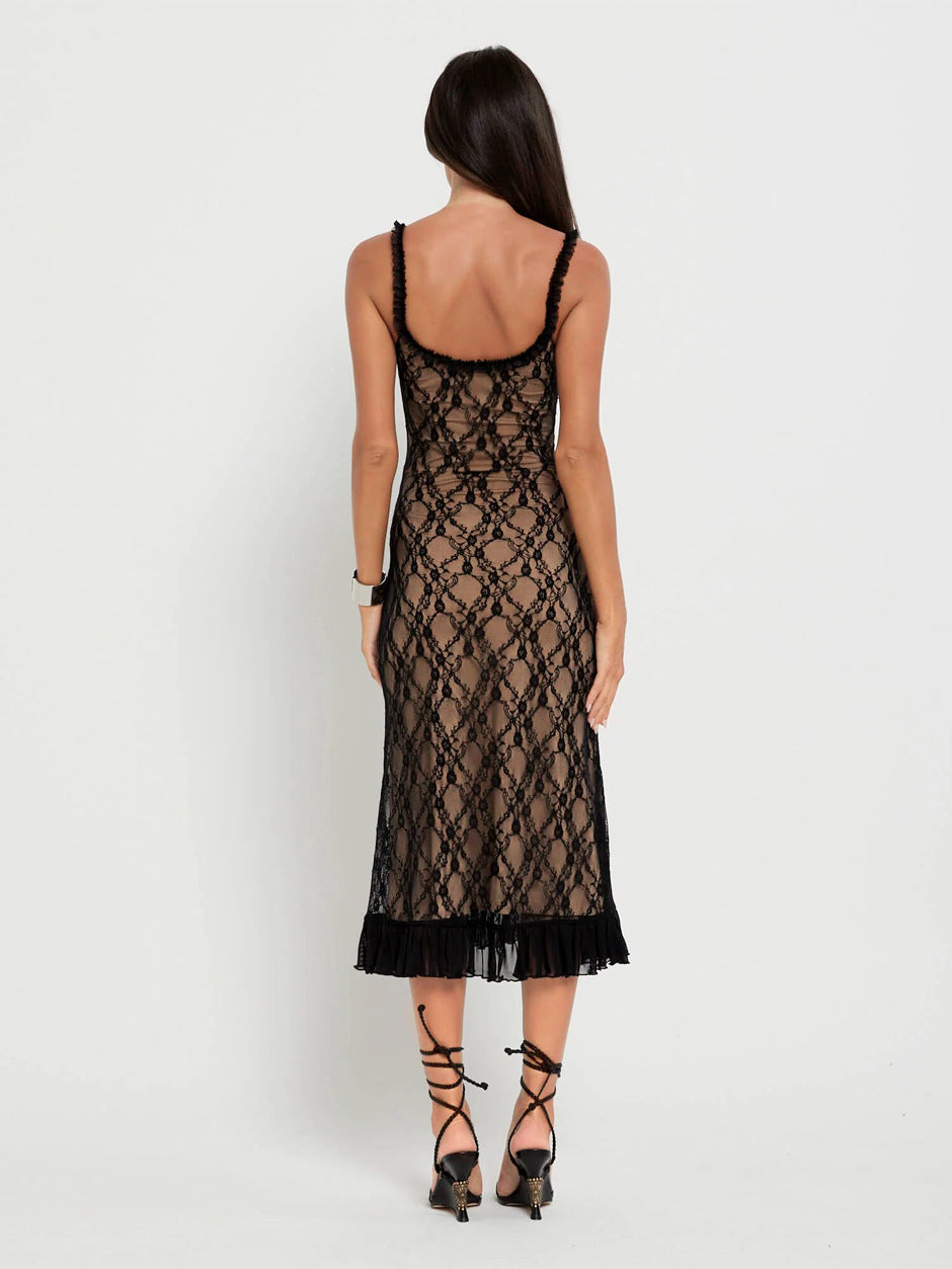 Lace Spaghetti Strap Scoop Neck Bow Trim Ruffle Hem Midi Summer Dress - View 3
