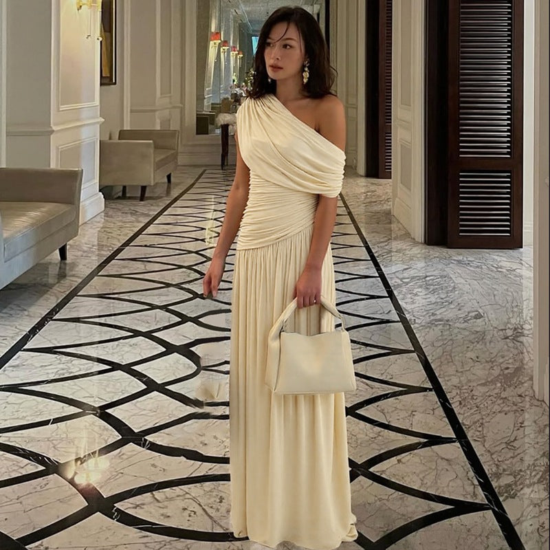 One Shoulder Ruched Satin Maxi Dress