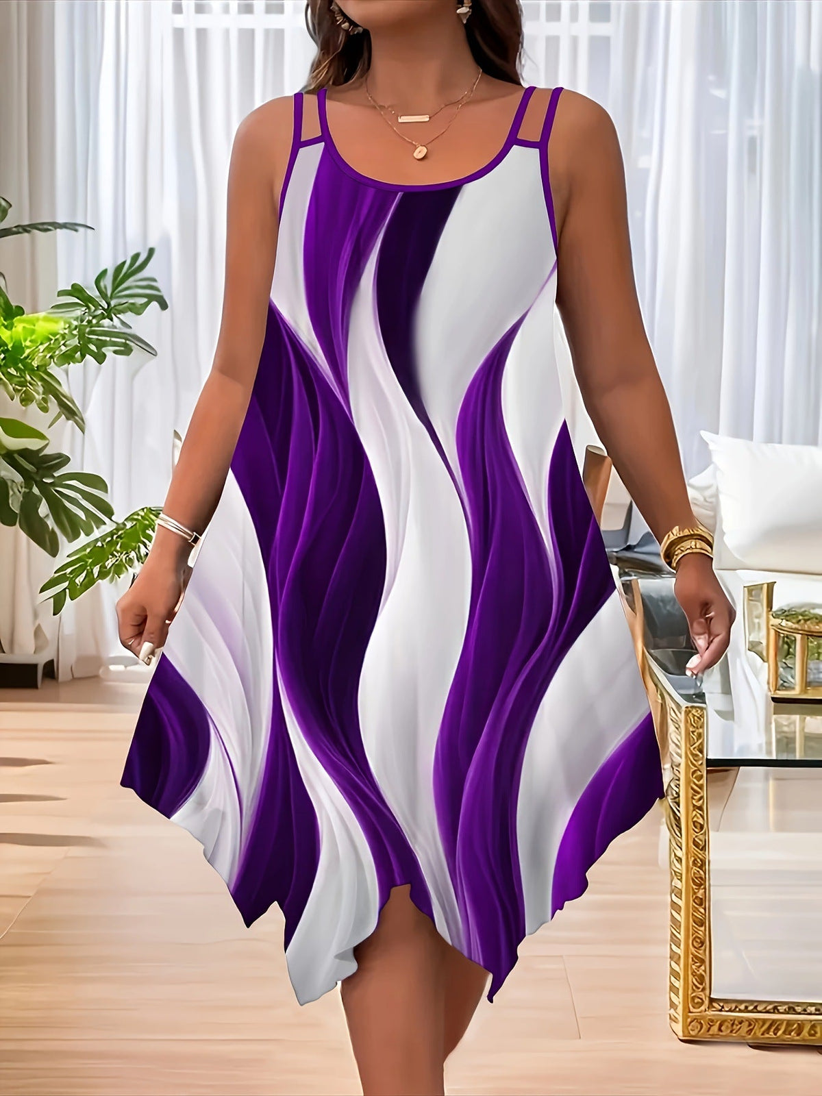 Abstract Print Sleeveless Handkerchief Hem Midi Dress 6