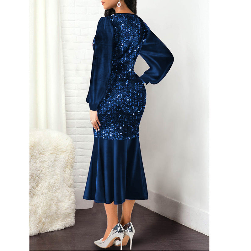 Sequin Deep V-Neck Bishop Sleeve Mermaid Trumpet Hem Midi Dress - View 3