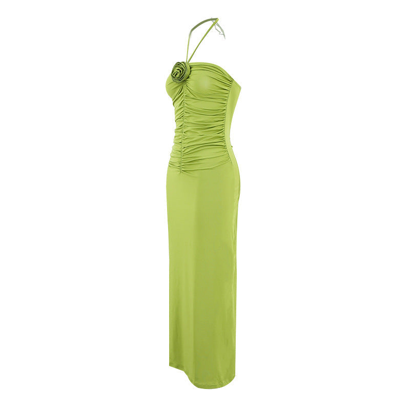 Halter Neck Floral Applique Ruched Side Slit Bodycon Maxi Dress - View 7