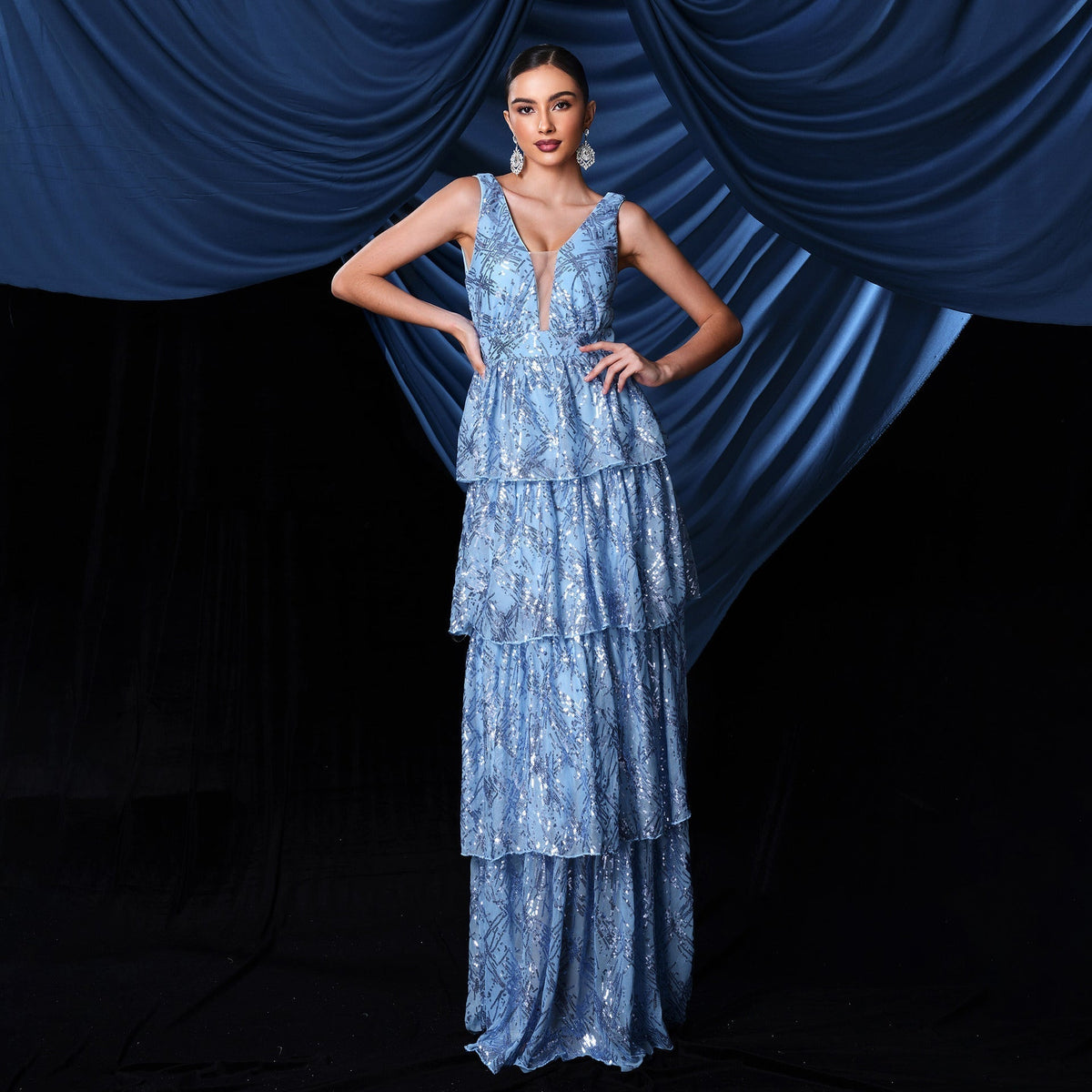 Sequin Deep V-Neck Sleeveless Tiered Ruffle A-Line Maxi Dress