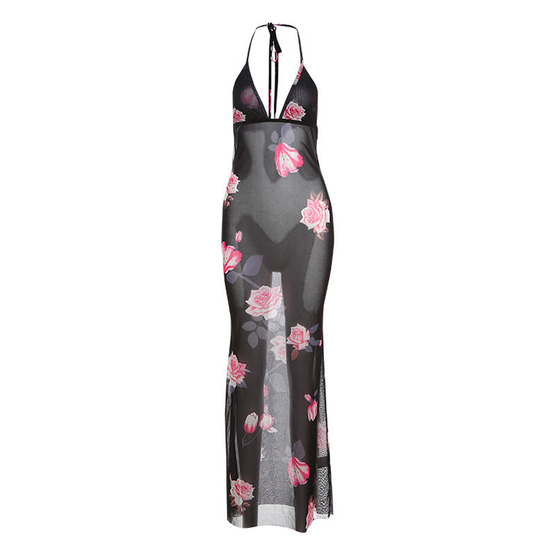 V Neck Backless Personalized Stylish Print Halter Lace Up Dress - View 2