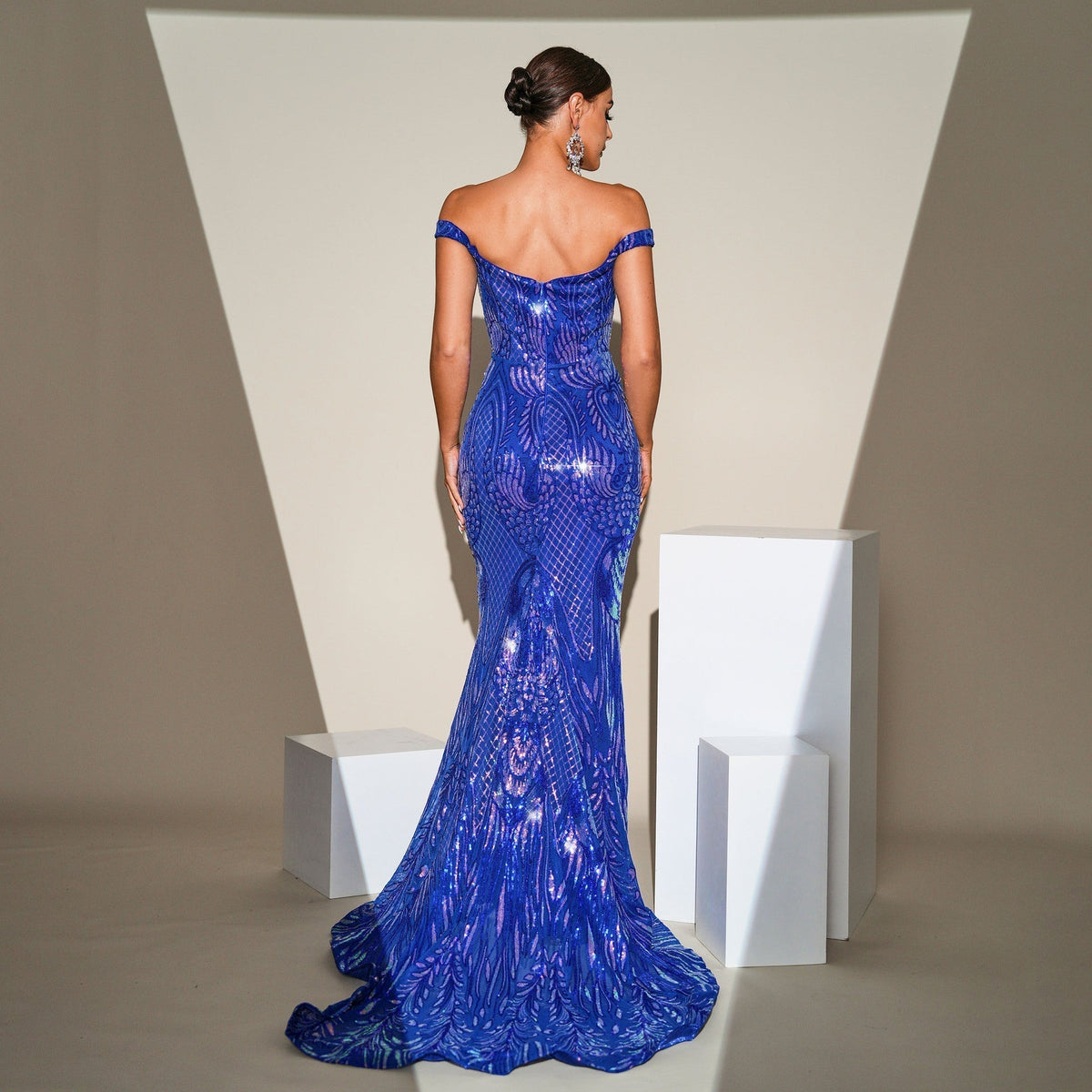 Sequin Off Shoulder Sweetheart High Split Mermaid Gown - View 7