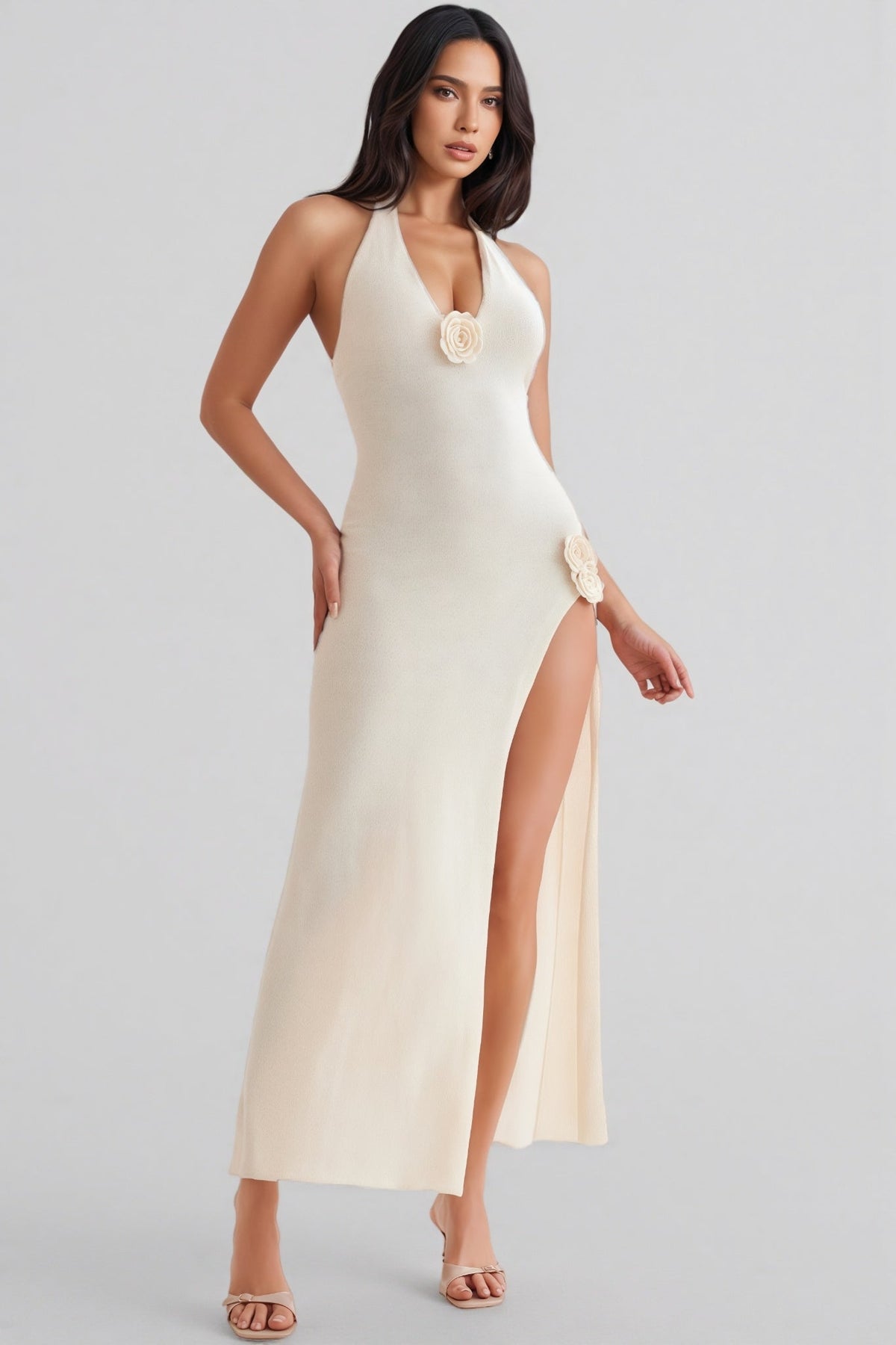 Knit Halter Neck Rosette Applique High Split Bodycon Maxi Dress