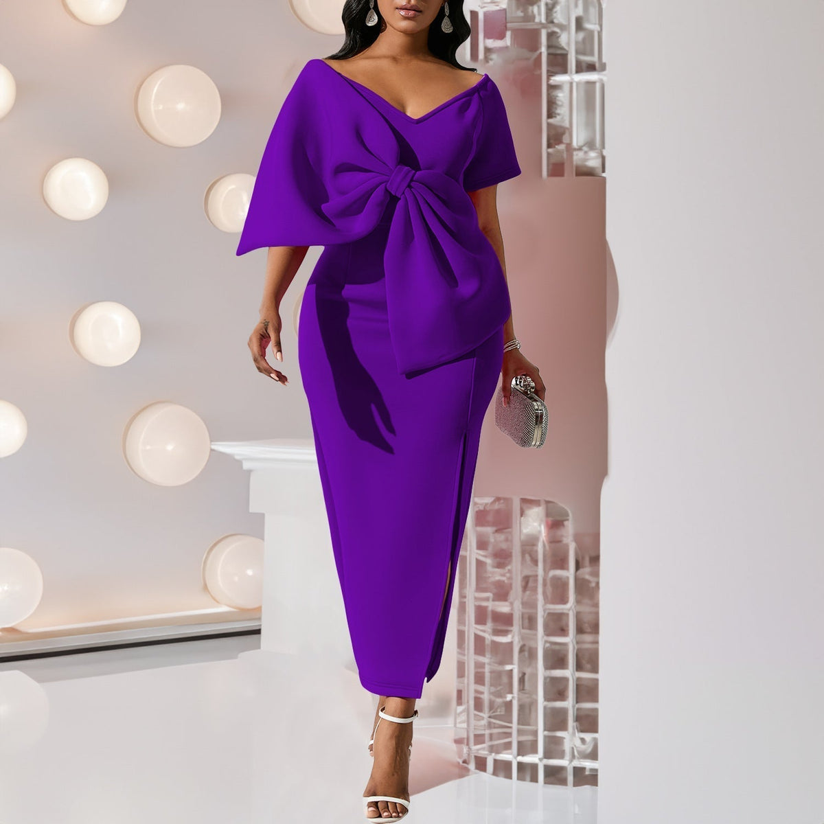 Satin Cowl Neck Backless High Split Slip Maxi Dress - View 4