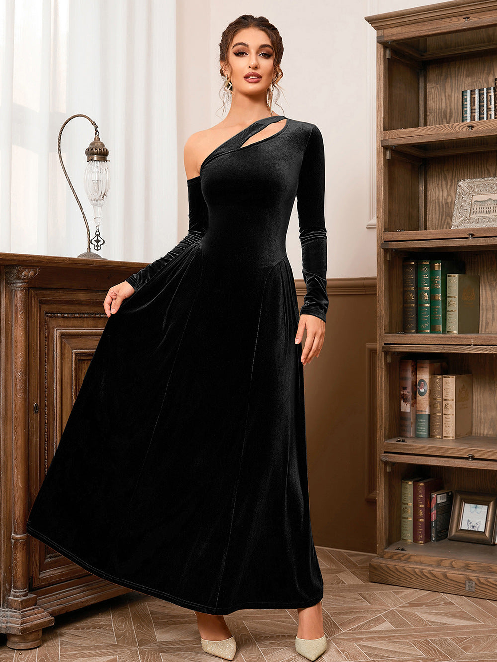 Velvet One Shoulder Long Sleeve Cut Out Fit and Flare Maxi Dress - View 2