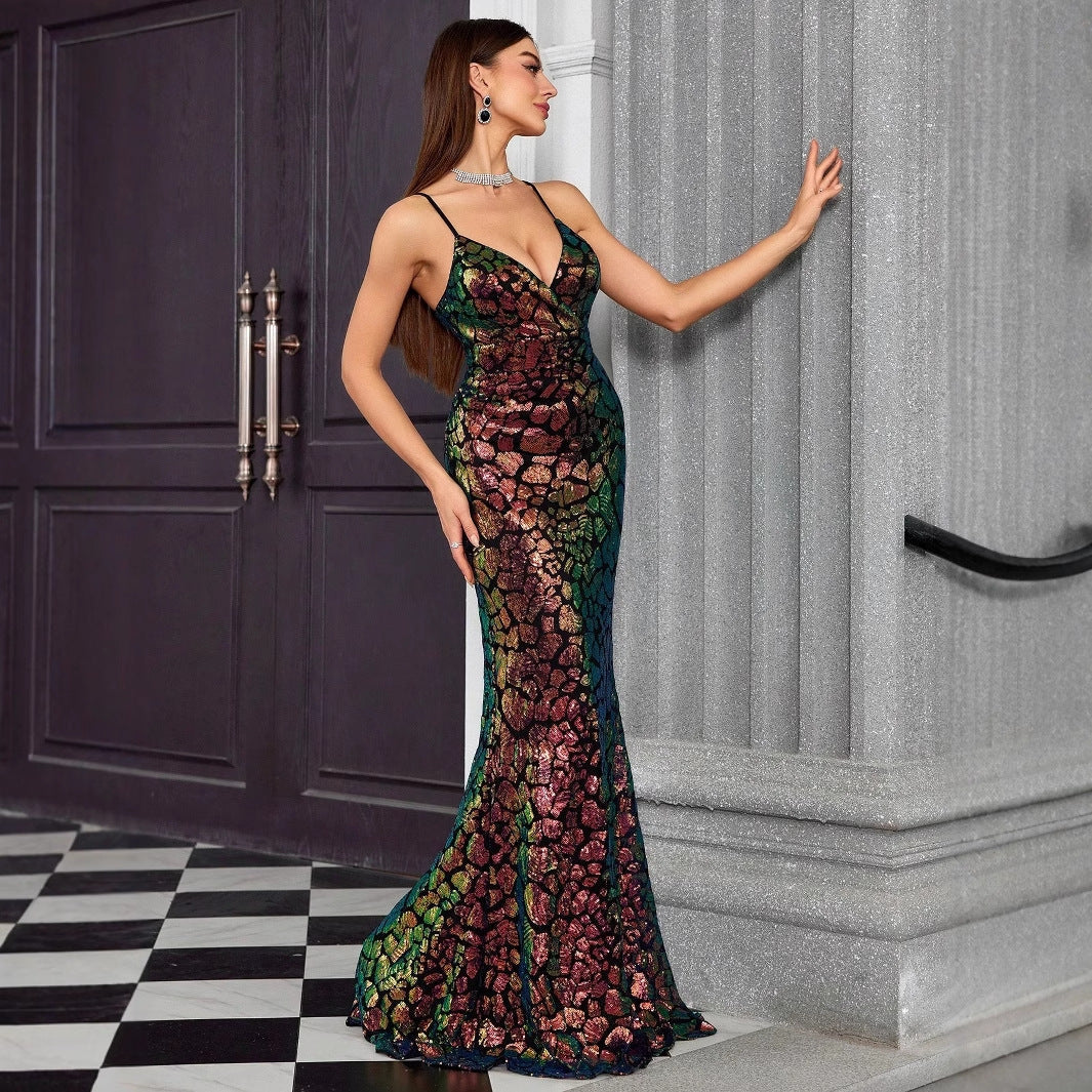 Sequin Spaghetti Strap Deep V-Neck Mermaid Maxi Gown - View 3