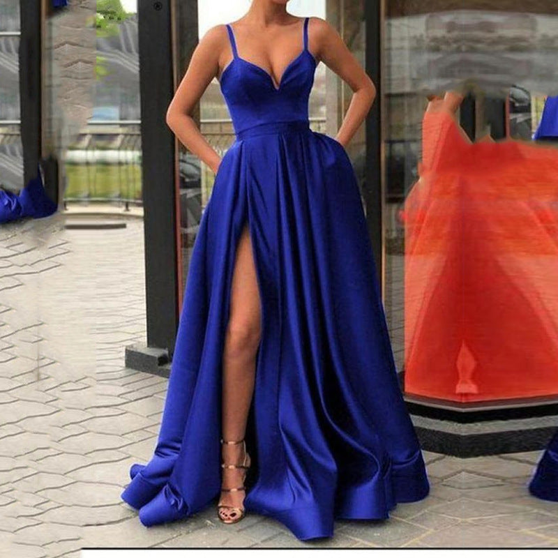 Satin Plunging V-Neck Spaghetti Strap Pleated Pocket Maxi Gown - View 10