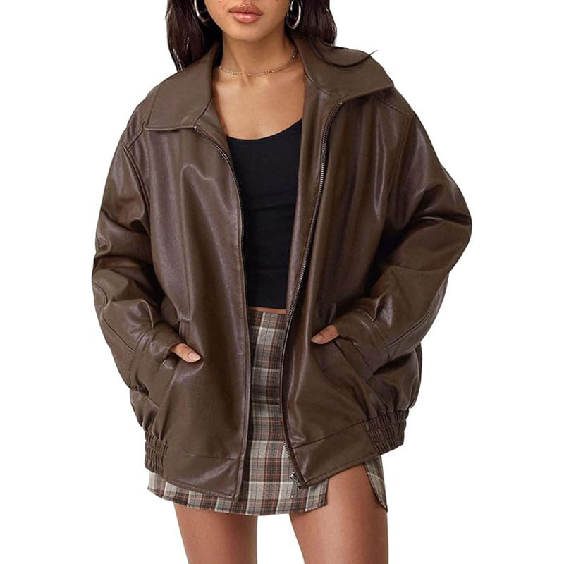 Faux Leather Collared Zip Front Oversized Bomber Jacket 4