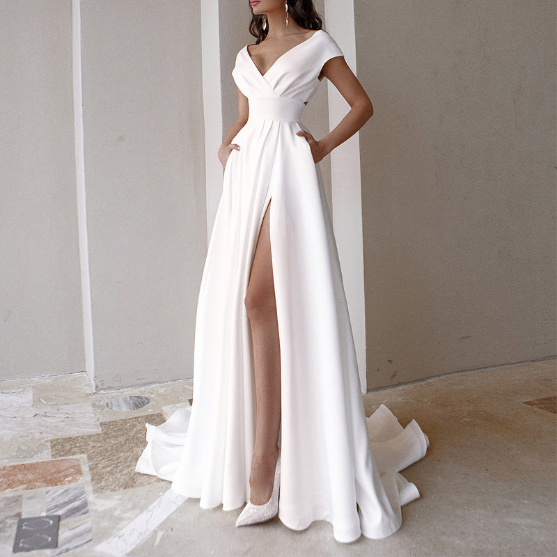 Deep V-Neck Draped Cap Sleeve High Waist High Split Pocket Gown