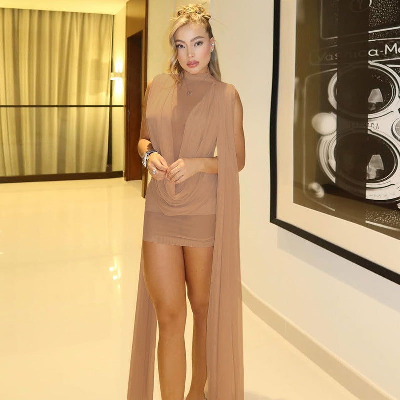 Mesh Mock Neck Draped Cowl Cape Panel Ruched Bodycon Mini Dress - View 5