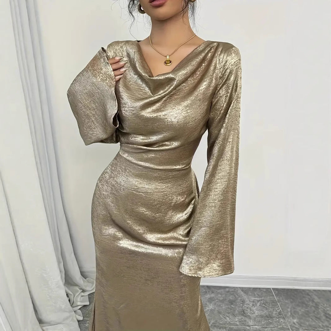 Metallic Cowl Neck Bell Sleeve Maxi Gown - View 3